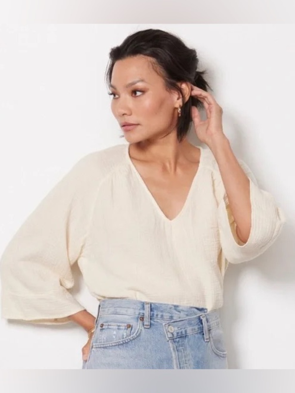 Evereve Cream V-Neck Gauze Blouse with Bell Sleeves